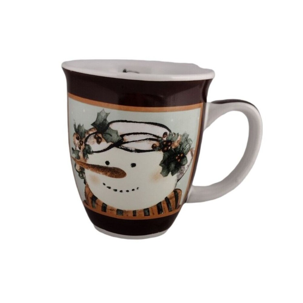 Snowman Coffee Mug Tea Cup Holiday Christmas Holly Scarf White Brown Read